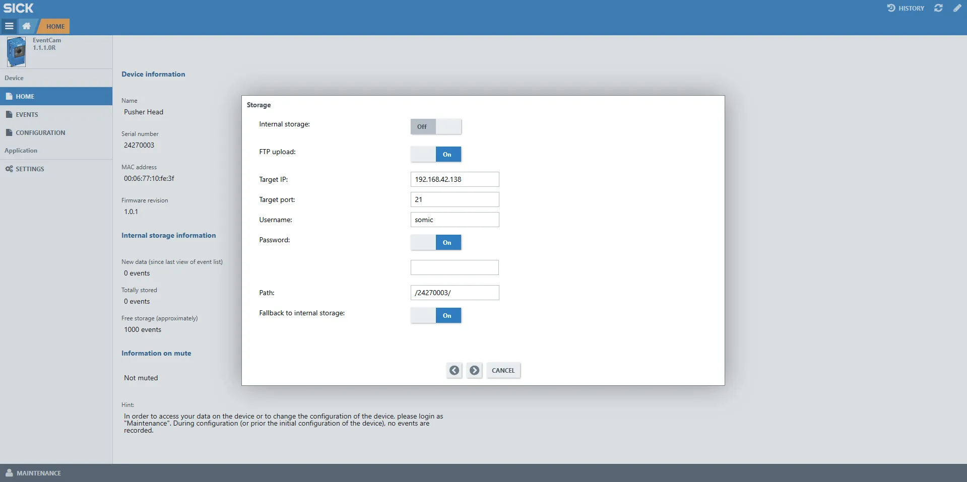 Event camera FTP configuration